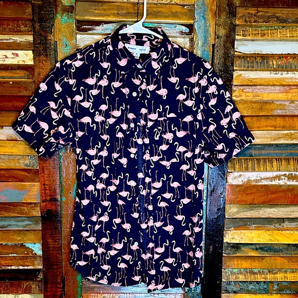 Old Navy Navy Blue Flamingo Print Shirt - Picture 1 of 5